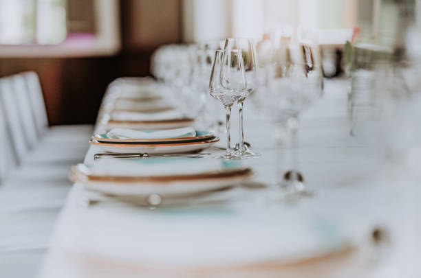 Dinner table Wedding dinner table with empty glasses banquet stock pictures, royalty-free photos & images