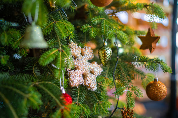 istock Closeup of Christmas tree decorations new year background 1320808101