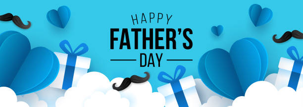 종이 아트 하트 모양과 선물 상자 배경이있는 소셜 미디어 광고, 초대 또는 포스터 디자인을위한 아버지의 날 판매 배너 템플릿. - fathers day stock illustrations