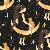 istock Celestial woman and moon esoteric golden seamless pattern. 1320813059