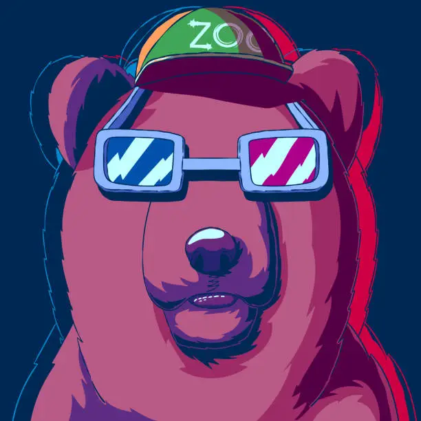 Vector illustration of Funny cartoon vector illustration - Bear with 3d glasses.