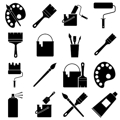 Drawing and painting  icons set, Brushes and Painting Related logo isolated on white background