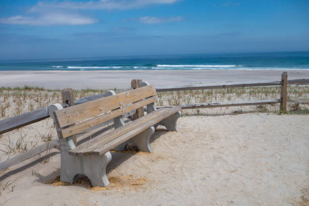 istock bench by the seashore beach with fence and sand dunes 1320818262