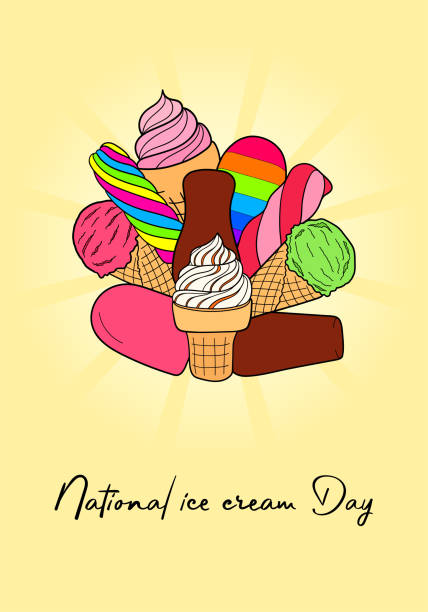 National Ice-cream Day. Holiday concept. Template for background, banner, card, poster with text inscription. Vector colorful illustration on yellow background. National Ice-cream Day. Holiday concept. Template for background, banner, card, poster with text inscription. Vector colorful illustration on yellow background. whip cream dollop stock illustrations