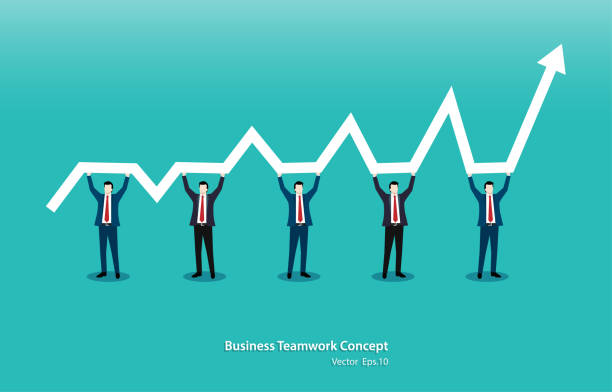 istock Team of five people standing and holding indicator of growth 1320819498