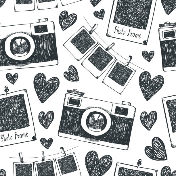 Vector hand drawn, doodle hipster seamless background, pattern. Retro camera, hearts, romance. Party background Vector hand drawn, doodle hipster seamless background, pattern. Retro camera, hearts, romance. Party  wedding background personal accessory photos stock illustrations