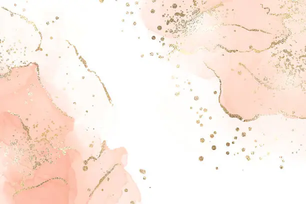 Vector illustration of Abstract dusty blush liquid marbled watercolor background with golden cracks and stains. Pastel marble alcohol ink drawing effect with gold metallic foil. Vector illustration for wedding invitation