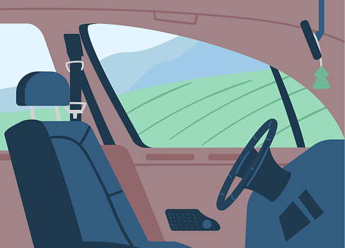 Empty car interior side view on driver seat with steering wheel, flat vector illustration. Driver chair with landscape view from window in empty car cabin interior.