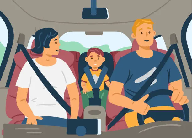 Vector illustration of Happy family of parents and son sitting inside car, flat vector illustration.