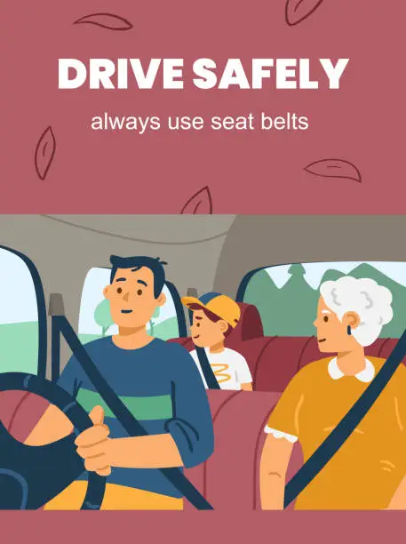 Vector illustration of Road traffic rules banner calling to fasten seat belts, flat vector illustration.