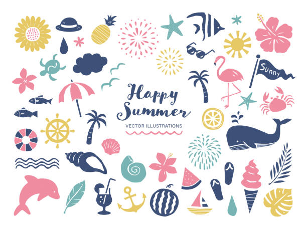 illustrazioni stock, clip art, cartoni animati e icone di tendenza di collezione di illustrazioni di simboli estivi e marini - estate immagine