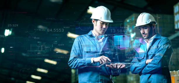 istock Engineer using mobile phone tablet with industrial 4.0 technology in factory. Futuristic innovation digital technology idea concept 1320823469