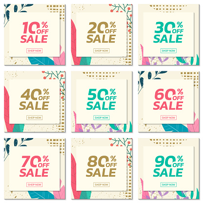 Social media sale post set with floral background. Trendy banner design template with leaves. Modern discount cards with 10, 20, 30, 40, 50, 60, 70, 80, 90 percent price off. Vector illustration.