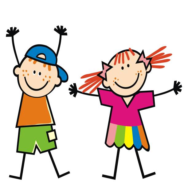 소년과 소녀, 행복한 아이, eps. - child jumping white background small stock illustrations