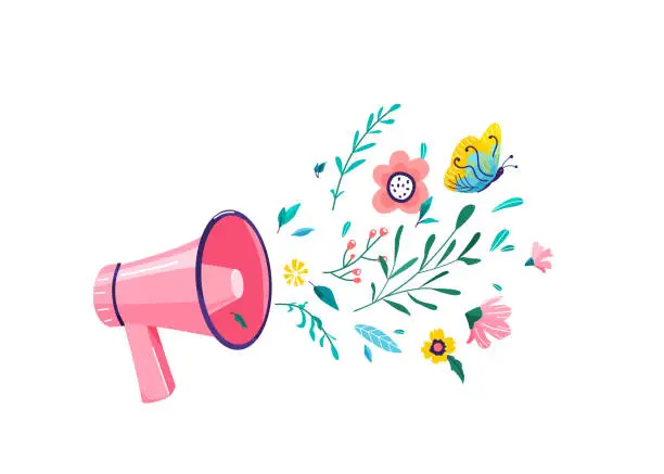 Vector illustration of Pink megaphone with colorful spring flowers, leaves, plants isolated on white background. Creative fashion nature concept idea in minimal modern flat cartoon line style
