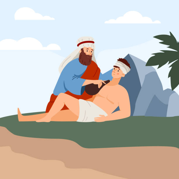 Biblical Old Testament scene of test of Abraham, flat vector illustration. Biblical scene of test of Abraham, flat vector illustration. Old Testament religious story or narrative of Abraham sacrificing his son Isaac to God in mountains. abraham cartoon stock illustrations