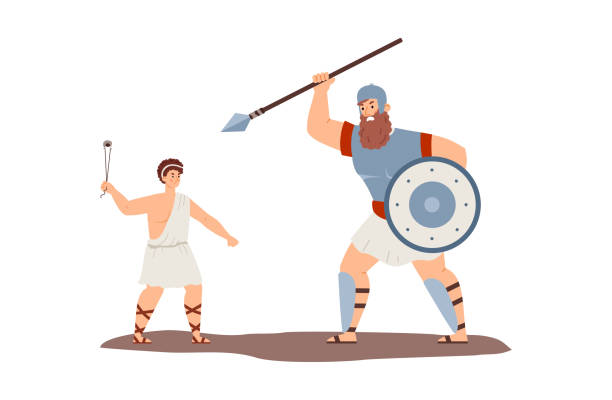 illustrations, cliparts, dessins animés et icônes de bataille de david biblique et goliath géant, illustration vectorielle plate isolée. - philistine