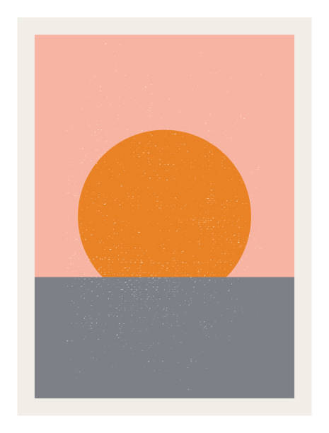 istock Abstract geometric sunrise and sunset sea ocean waves wall art poster. Modern minimalist artwork in Scandinavian Nordic style . 1320830653