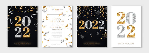 ilustrações, clipart, desenhos animados e ícones de pôsteres de ano novo definidos 2022 - invitation national holiday design black