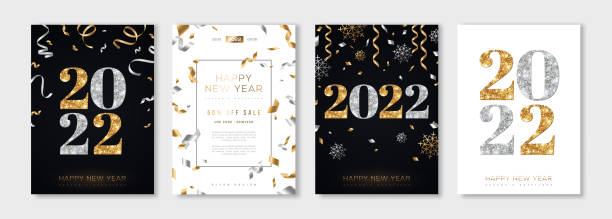 New Year posters set 2022 Christmas and New Year posters set with gold and silver confetti and 2022 numbers. Vector illustration. Winter holiday invitations with snowflakes and streamers Invitation stock illustrations