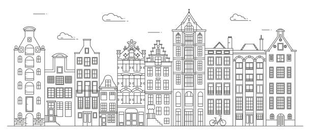 ilustraciones, imágenes clip art, dibujos animados e iconos de stock de casas de estilo antiguo de ámsterdam. las típicas casas de canales holandesas se alineaban cerca de un canal en los países bajos. edificio y fachadas para banner o cartel. ilustración de contorno vectorial. - amsterdam