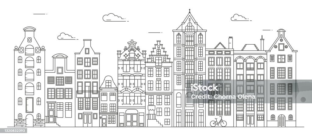 Amsterdamse huizen in oude stijl. Typisch Nederlandse grachtenpanden in de buurt van een kanaal in Nederland. Gebouw en gevels voor Banner of poster. Vector overzicht illustratie. - Royalty-free Amsterdam vectorkunst