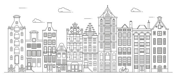 Amsterdam old style houses. Typical Dutch canal houses lined up near a canal in the Netherlands. Building and facades for Banner or poster. Vector outline illustration. Amsterdam old style houses. Typical Dutch canal houses lined up near a canal in the Netherlands. Building and facades for Banner or poster. Vector line art illustration. canal house stock illustrations