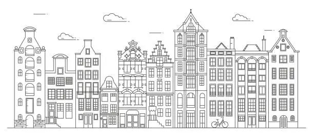 Vector illustration of Amsterdam old style houses. Typical Dutch canal houses lined up near a canal in the Netherlands. Building and facades for Banner or poster. Vector outline illustration.