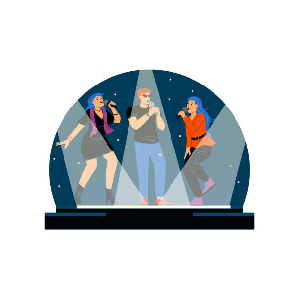 ilustrações de stock, clip art, desenhos animados e ícones de group of young friends sing karaoke at party, flat vector illustration isolated. - singing singer teenager contest
