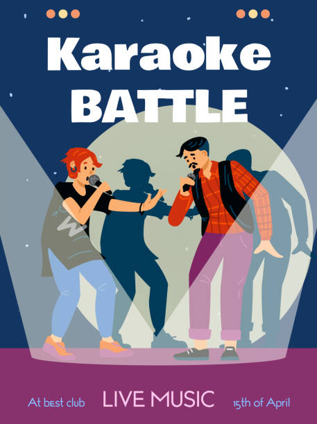 ilustraciones, imágenes clip art, dibujos animados e iconos de stock de karaoke batalla cartel de la competencia vocal con la gente, ilustración vectorial plana. - singing singer teenager contest