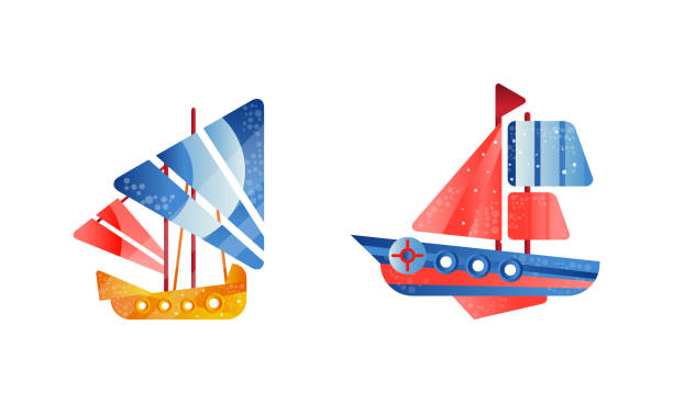 istock Sailing Yachts Set, Ships with White and Red Sails, Ocean or Marine Transport Flat Vector Illustration 1320833282