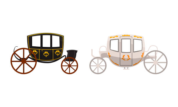 istock Vintage Brougham Set, Ancient Carriage for People Transportation Flat Vector Illustration 1320833328