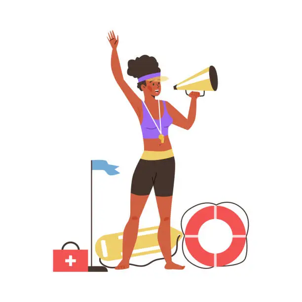 Vector illustration of Lifeguard on beach makes with megaphone, isolated flat vector illustration.