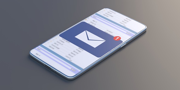 New mail on mobile screen isolated on grey background. Smartphone digital app for email inbox concept. Online information message, send, receive, electronic post. 3d illustration