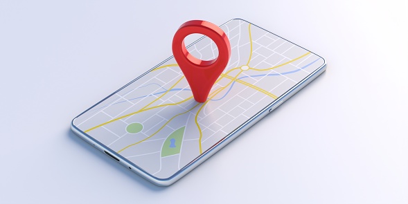 Navigation, GPS mobile phone app concept.Map pointer location red color pin on a smartphone isolated on white background. 3d illustration