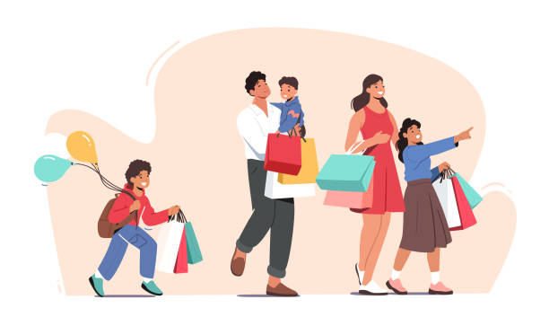 ilustrações de stock, clip art, desenhos animados e ícones de happy family shopping. father, mother and little kids holding paper bags and balloons visiting supermarket for purchases - shopping mall illustrations