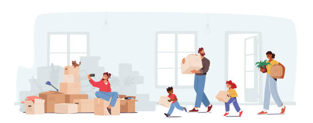 ilustrações de stock, clip art, desenhos animados e ícones de happy family relocation concept. mother, father and little kids moving into new house. characters carry cardboard boxes - family cartoon child little girls