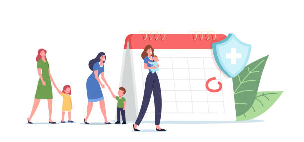 Tiny Patients Characters Wait for Vaccination near Huge Calendar with Rounded Date. Vaccine for Protection from Disease Tiny Patients Characters Wait for Vaccination near Huge Calendar with Rounded Date. Vaccine for Protection from Disease, Immunization Schedule, Medical Injection. Cartoon People Vector Illustration flu shot calendar stock illustrations