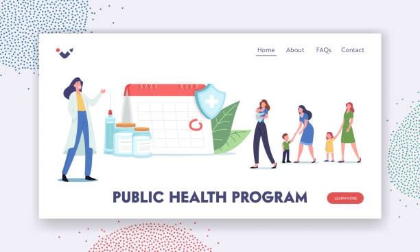 Public Health Program Landing Page Template. Immunization Schedule. Characters Wait for Vaccination at Huge Calendar Public Health Program Landing Page Template. Vaccine, Immunization Schedule. Tiny Characters Wait for Vaccination at Huge Calendar with Rounded Date. Doctor Invite People. Cartoon Vector Illustration flu shot calendar stock illustrations