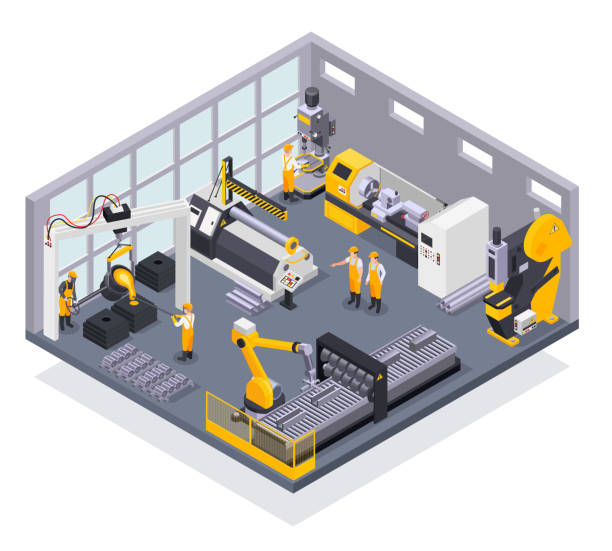 Metal Industry Isometric Composition Colored composition with metal industry plant workers and machinery 3d isometric vector illustration isometric factory stock illustrations