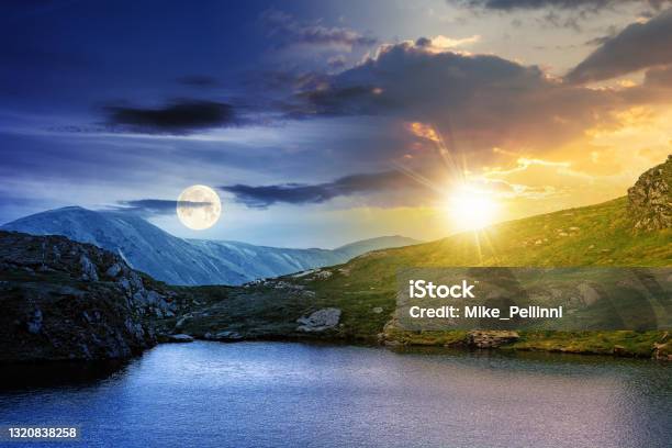 Day And Night Change Above The Landscape With Lake Stock Photo - Download Image Now - Moon, Spring Equinox, Sun