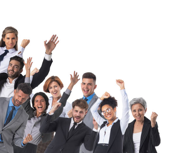 istock Happy business group isolated on white 1320839113