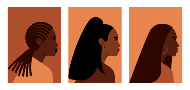 Illustration with realistic female profile. Set of posters with female faces. Bright black beautiful women, diversity hairstyles. Portraits for poster, billboard, brochure cover design. Modern vector latin american and hispanic ethnicity illustrations stock illustrations