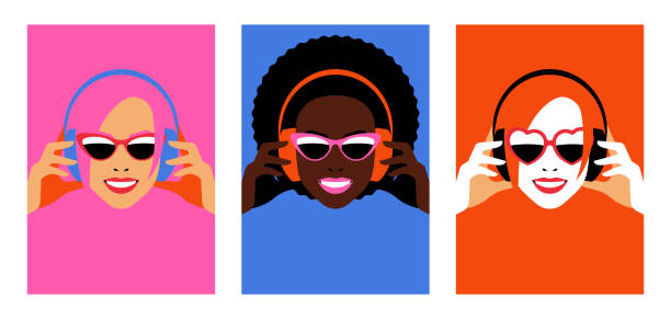 ilustrações de stock, clip art, desenhos animados e ícones de bright women in headphones. set of colorful posters with female faces. music lovers. - youth culture audio