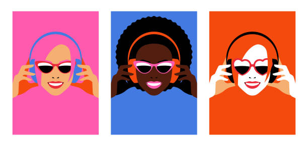 яркие женщины в наушниках. набор красочных плакатов с женскими лицами. любители музыки. - youth culture audio stock illustrations