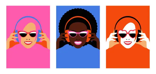 Vector illustration of Bright women in headphones. Set of colorful posters with female faces. Music lovers.