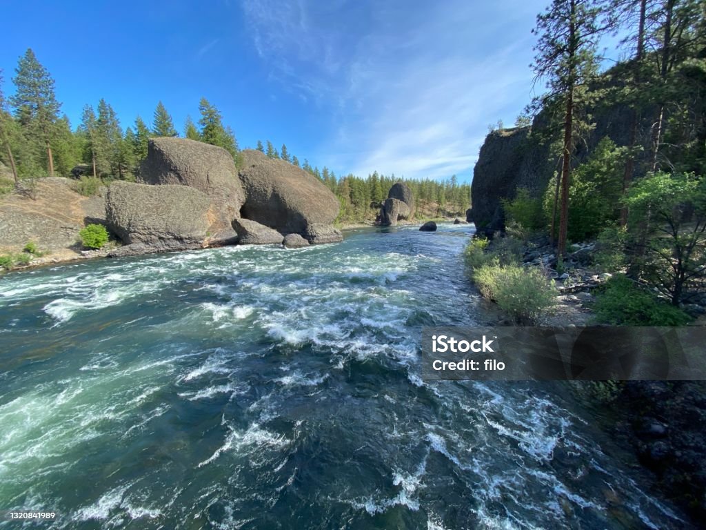 Pacific Northest River Scenary Spokane River Riverside Park River natural area view. Spokane Stock Photo