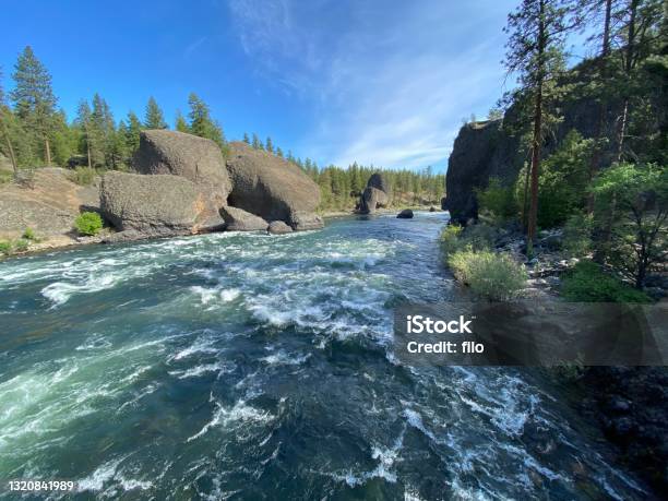 Pacific Northest River Scenary Stock Photo - Download Image Now - Spokane, Nature, Landscape - Scenery