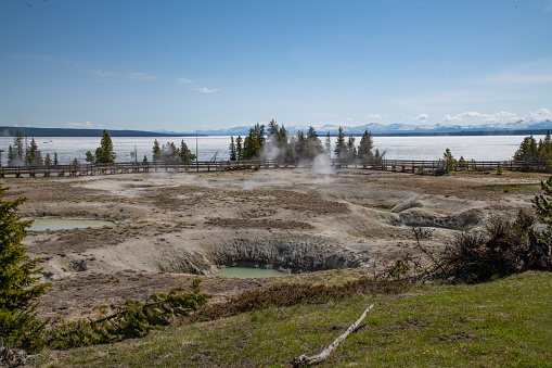 Geyser pools in West Thumb geyser basin  near the junction to Grant Village, Old Faithful and Fishing Bridge in Yellowstone National Park. Nearest larger town is Cody, Wyoming in western USA. John Morrison - Photographer