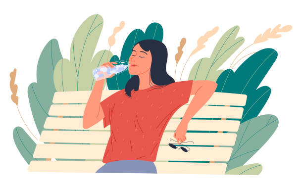 공원 벤치에 앉아있는 동안 마시는 물을 즐기는 소녀 - quench thirst stock illustrations